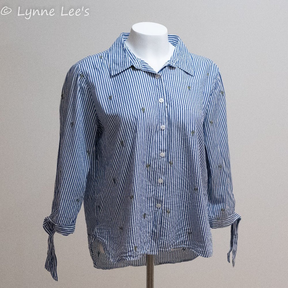 Striped Embroidered Cactus Button-down Blouse
